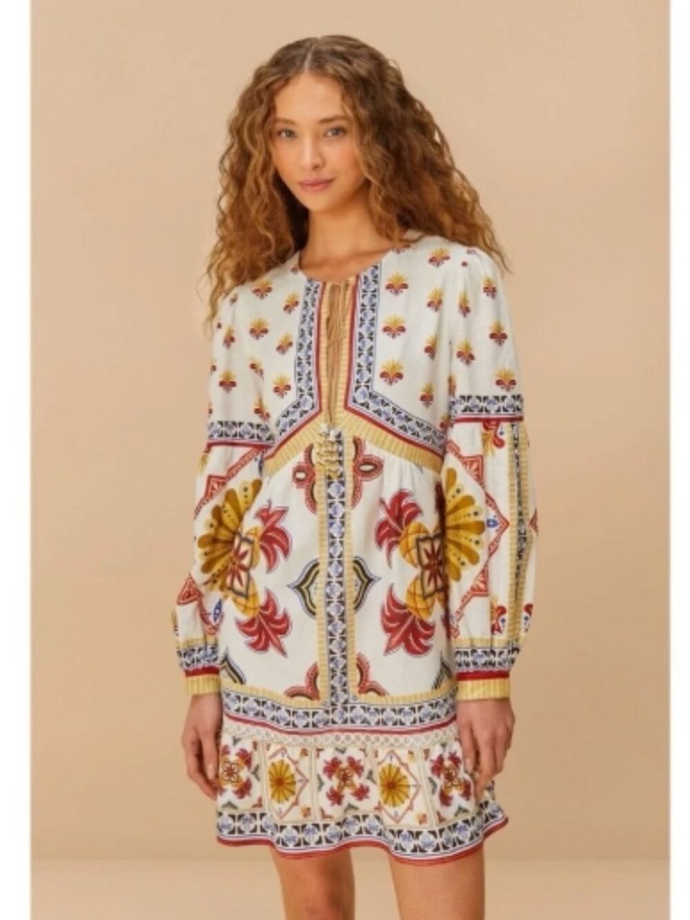Farm Rio Marys Tiles Euroflax Mini Dress Long-Sleeves Beads Boho NWT Sz M